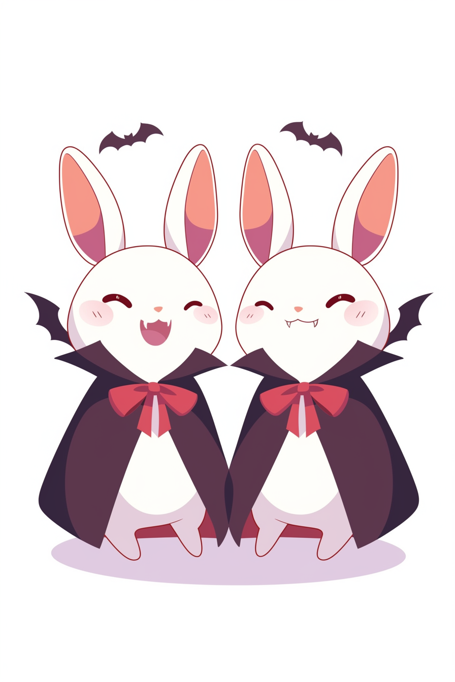 cute halloween drawings for kids featuring two adorable bunnies dressed as vampires with small fangs and capes, smiling joyfully under a purple sky with flying bats.